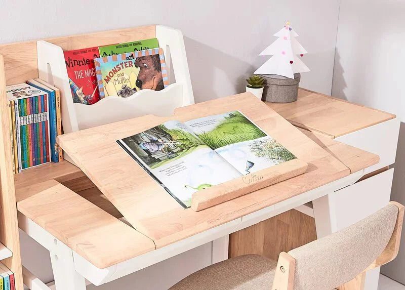 Calla Adjustable Solid Wood Growth Desk with Easel - Rubberwood Construction - Natural Color - Storage Drawers MesaSilla USA