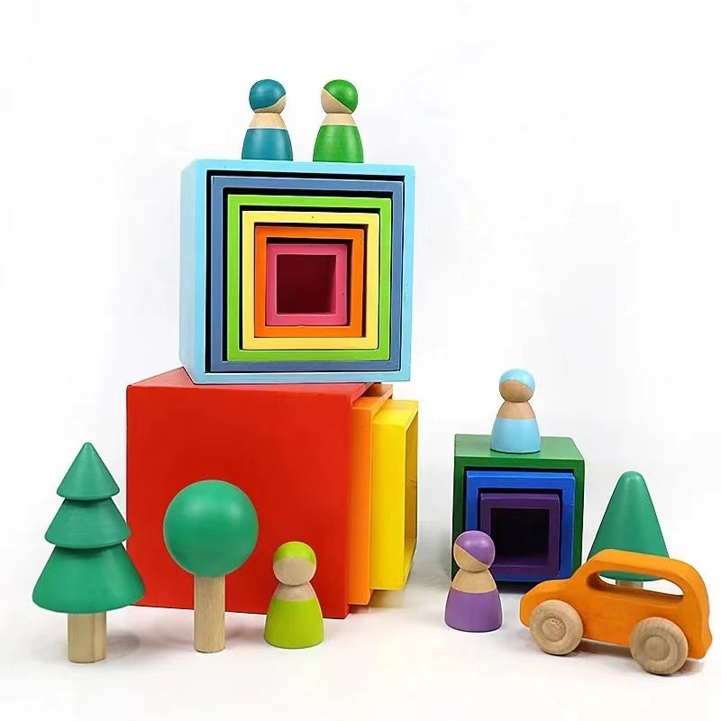 **Pre-order (Ships in 2-3 Weeks)**6-Piece Basswood Wooden Pastel Nesting Box Set | Painted & Hand-Stained Finishes | Montessori Stacking Toy