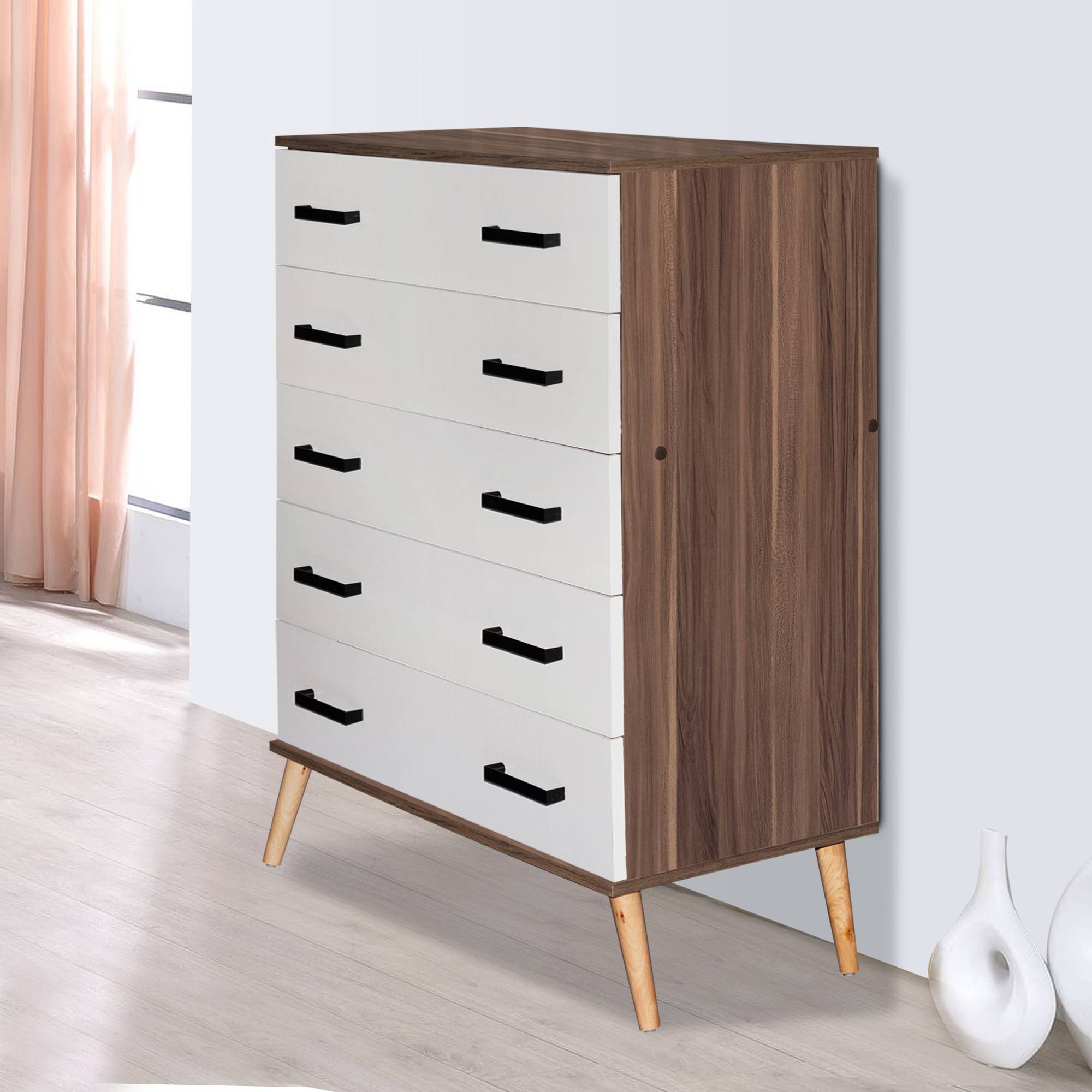 Better Home Products Eli Mid-Century Modern 5 Drawer Chest in Walnut & White