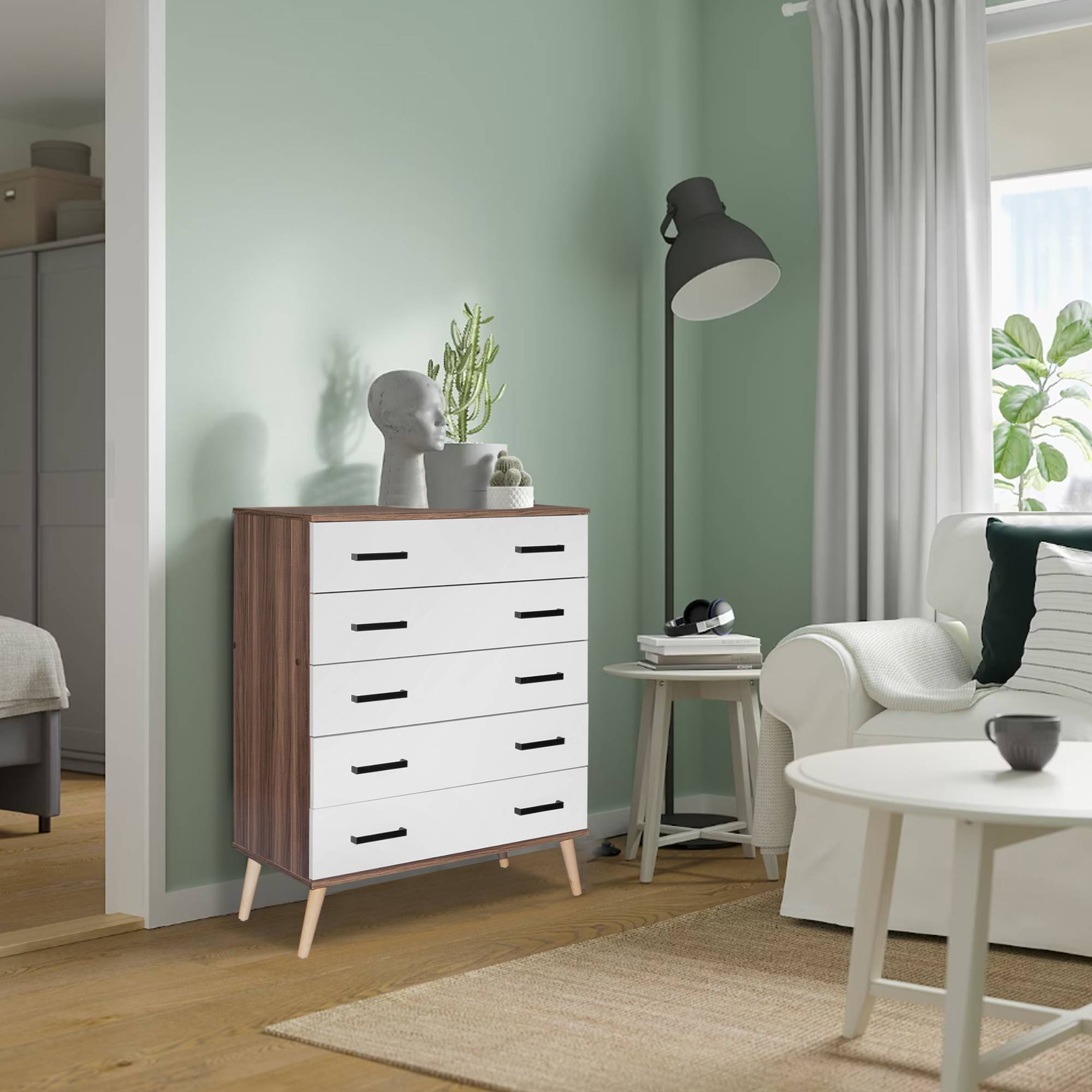 Better Home Products Eli Mid-Century Modern 5 Drawer Chest in Walnut & White