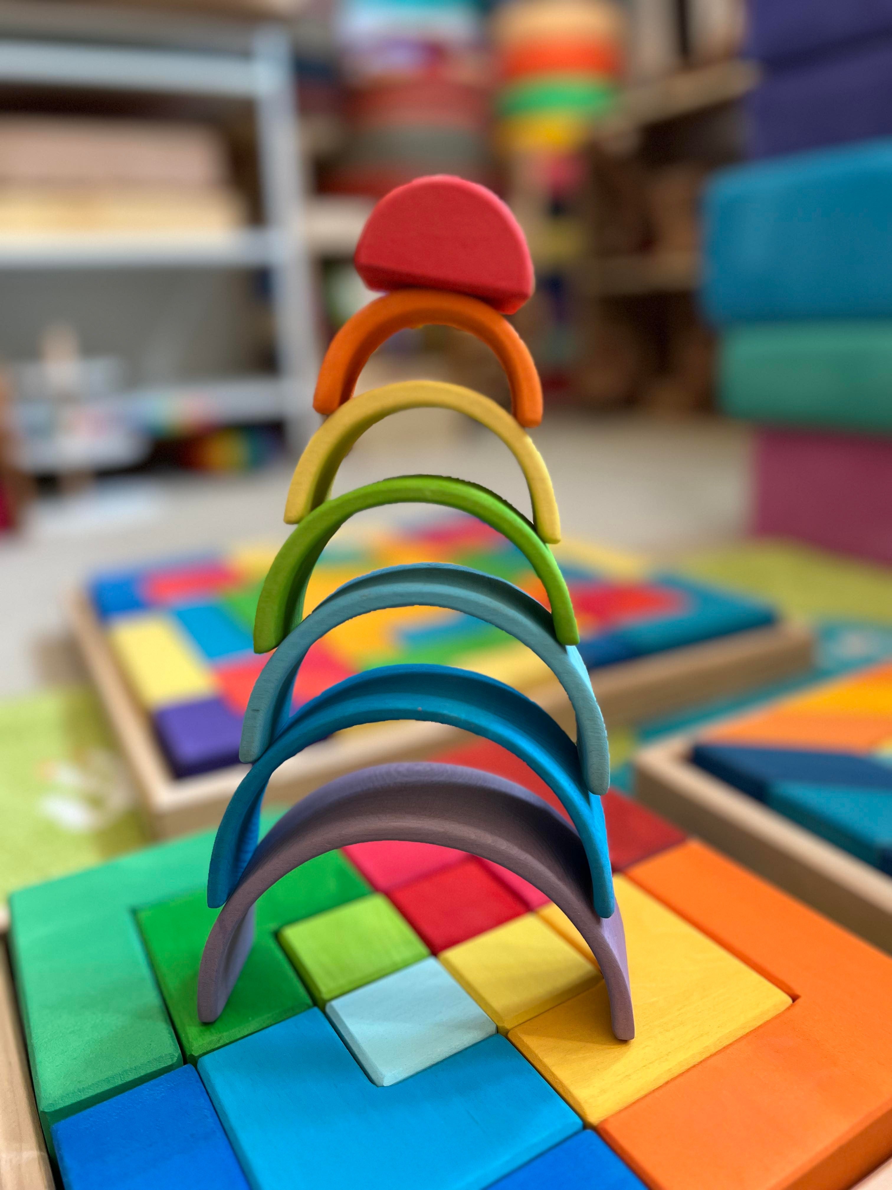 **Pre-order (Ships in 2-3 Weeks)**7 Pcs STAINED Mini Wooden Rainbow Stacker in Stained Purple Sunset Color
