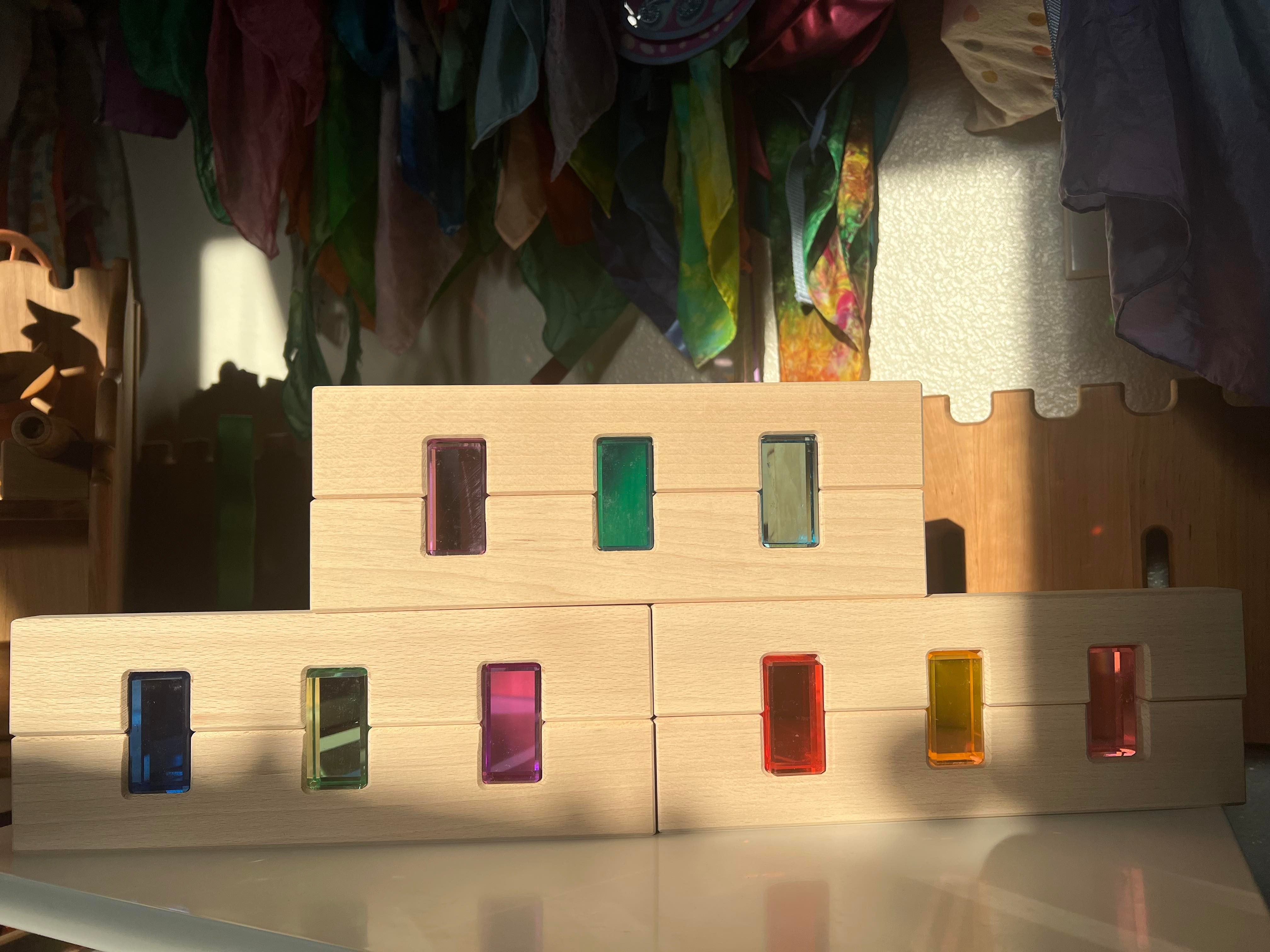 **Pre-order (Ships in 2-3 Weeks)**64-Piece Rainbow Crystal Stones & Interlocking Slats Building Set with Storage Tray