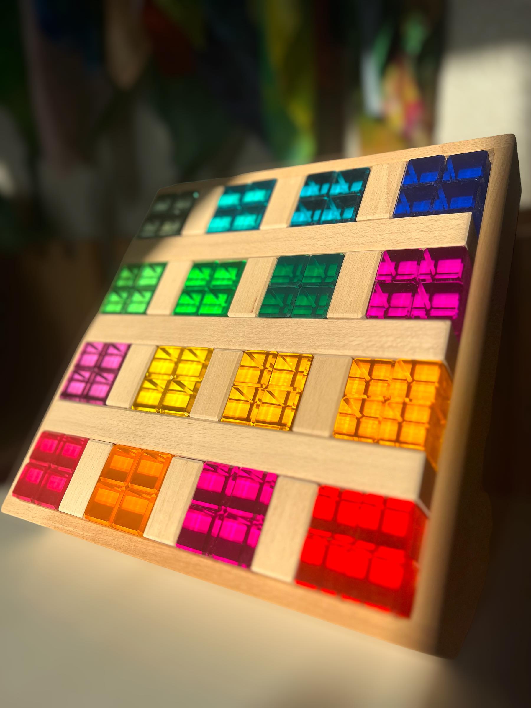 **Pre-order (Ships in 2-3 Weeks)**64-Piece Rainbow Crystal Stones & Interlocking Slats Building Set with Storage Tray