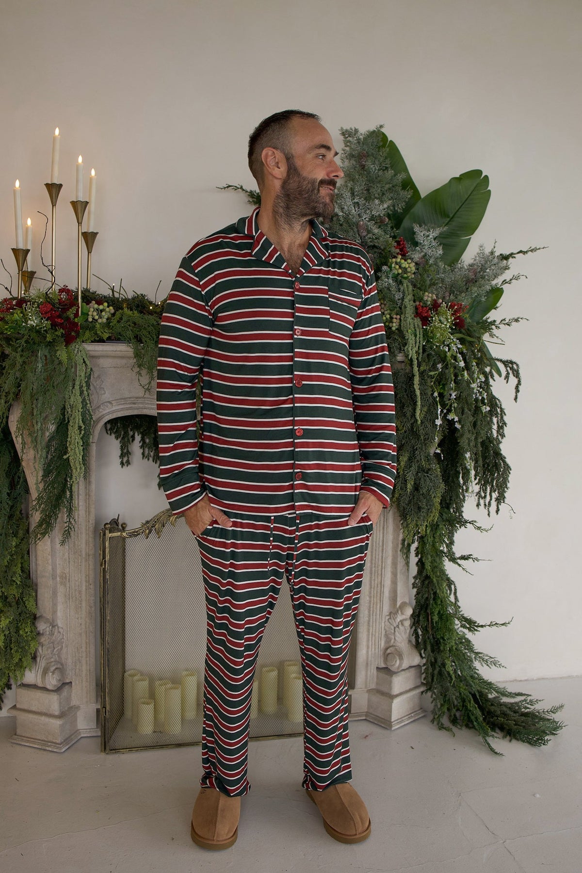 Men's Bamboo Button Up Lounge Set | Holiday Stripe