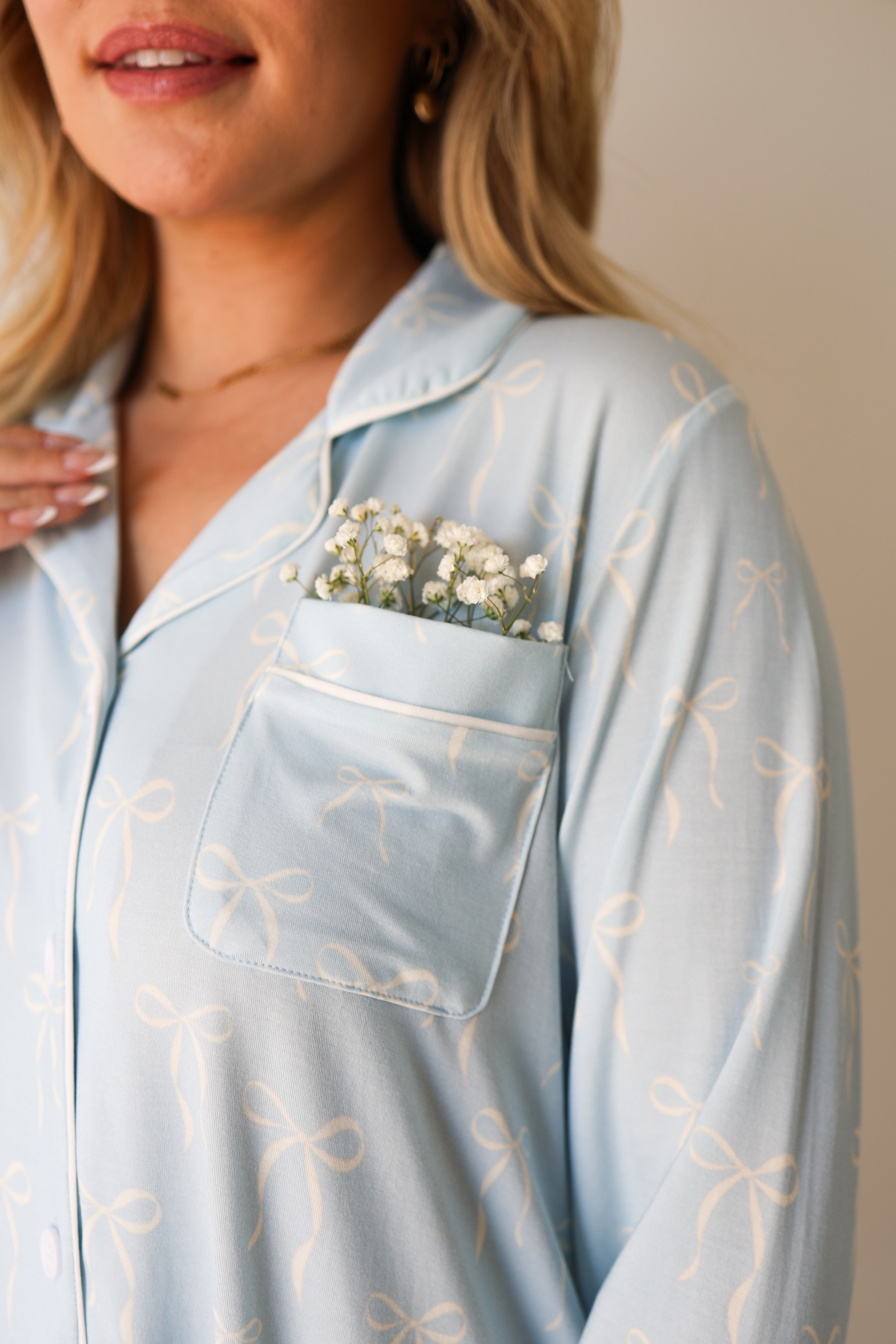 Women's Bamboo Button Up Lounge Set | Blue Bows