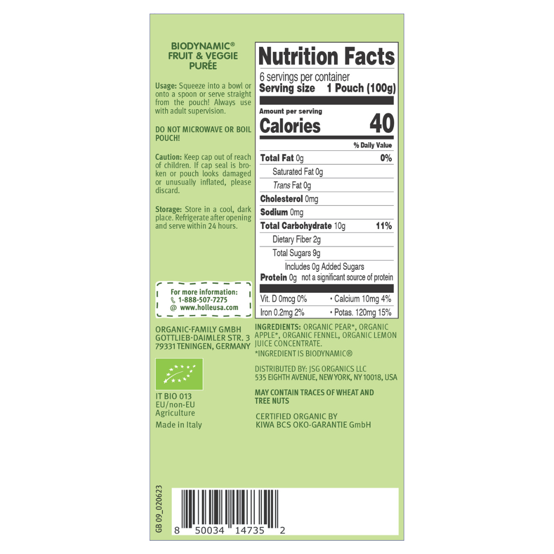 Holle Baby Food Pouches - Organic Fruit & Veggie Puree - Fennel Frog