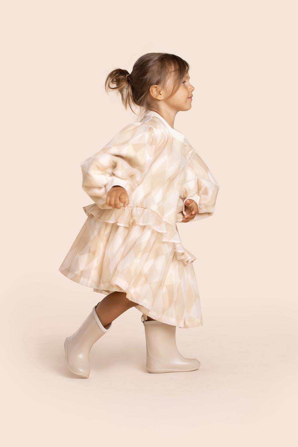Girls Hi-Low Organza & Terry Dress - Beige