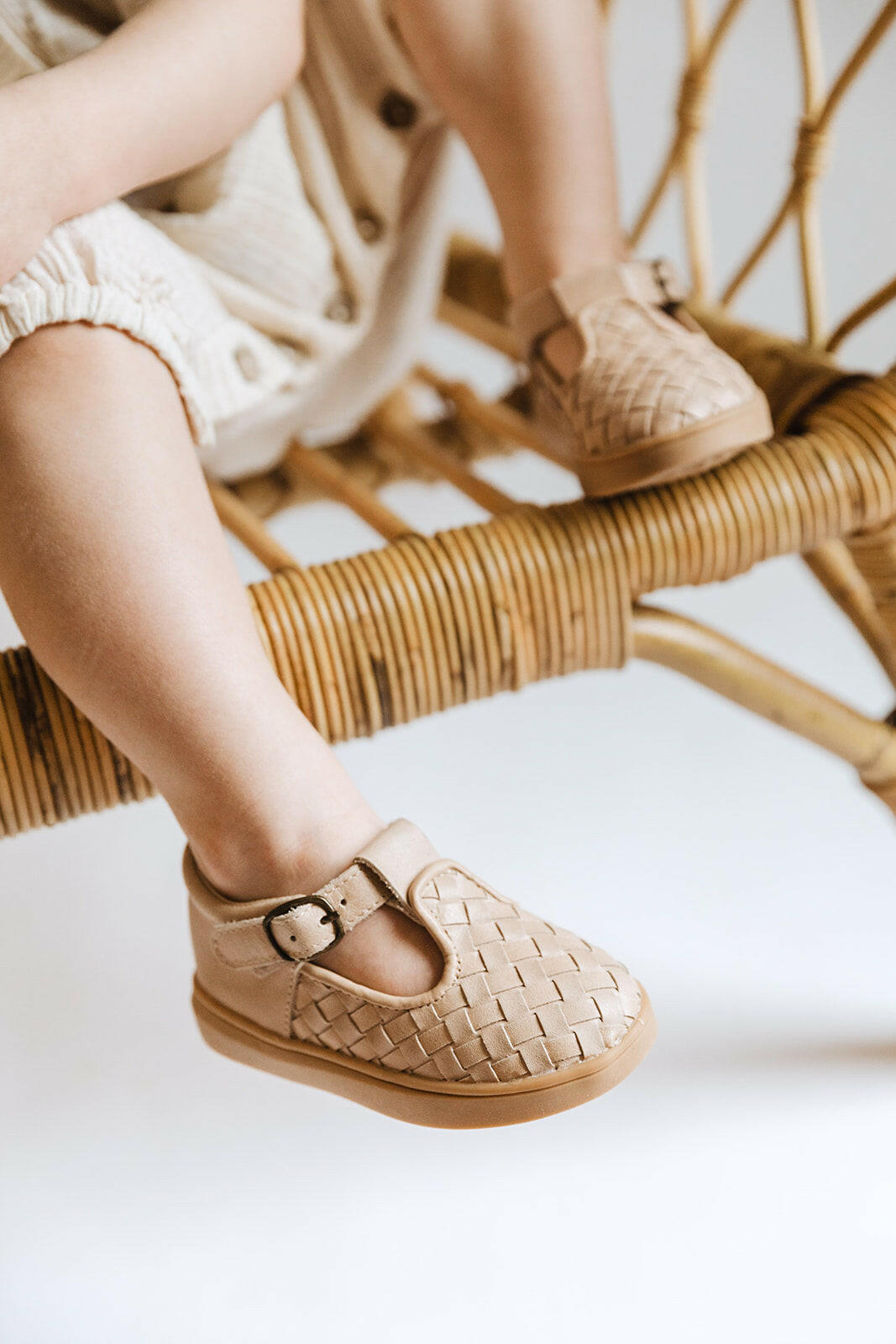 Leather Woven T-Bar | Color 'Stone' | Hard Sole Consciously Baby
