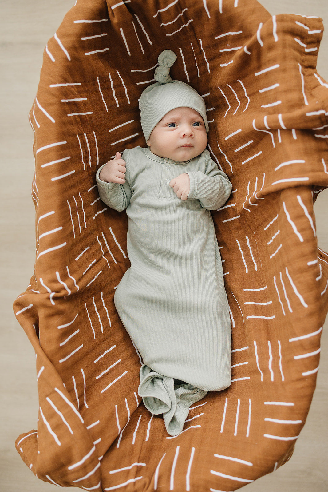 Sage Organic Cotton Ribbed Knot Gown Mebie Baby