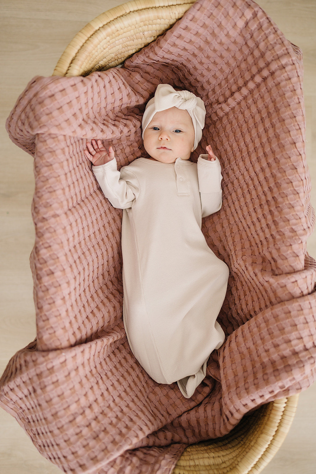 Vanilla Organic Cotton Ribbed Knot Gown  Mebie Baby