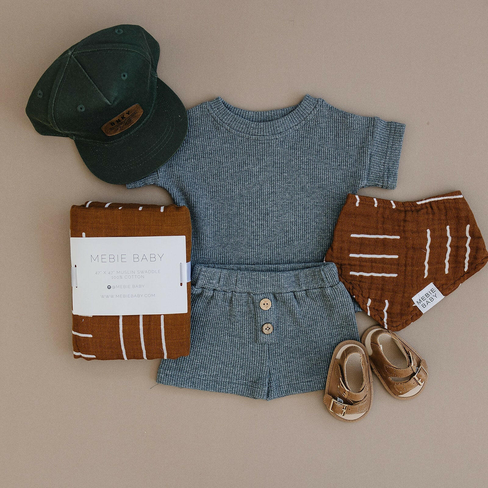 Charcoal Waffle Button Short Set Mebie Baby