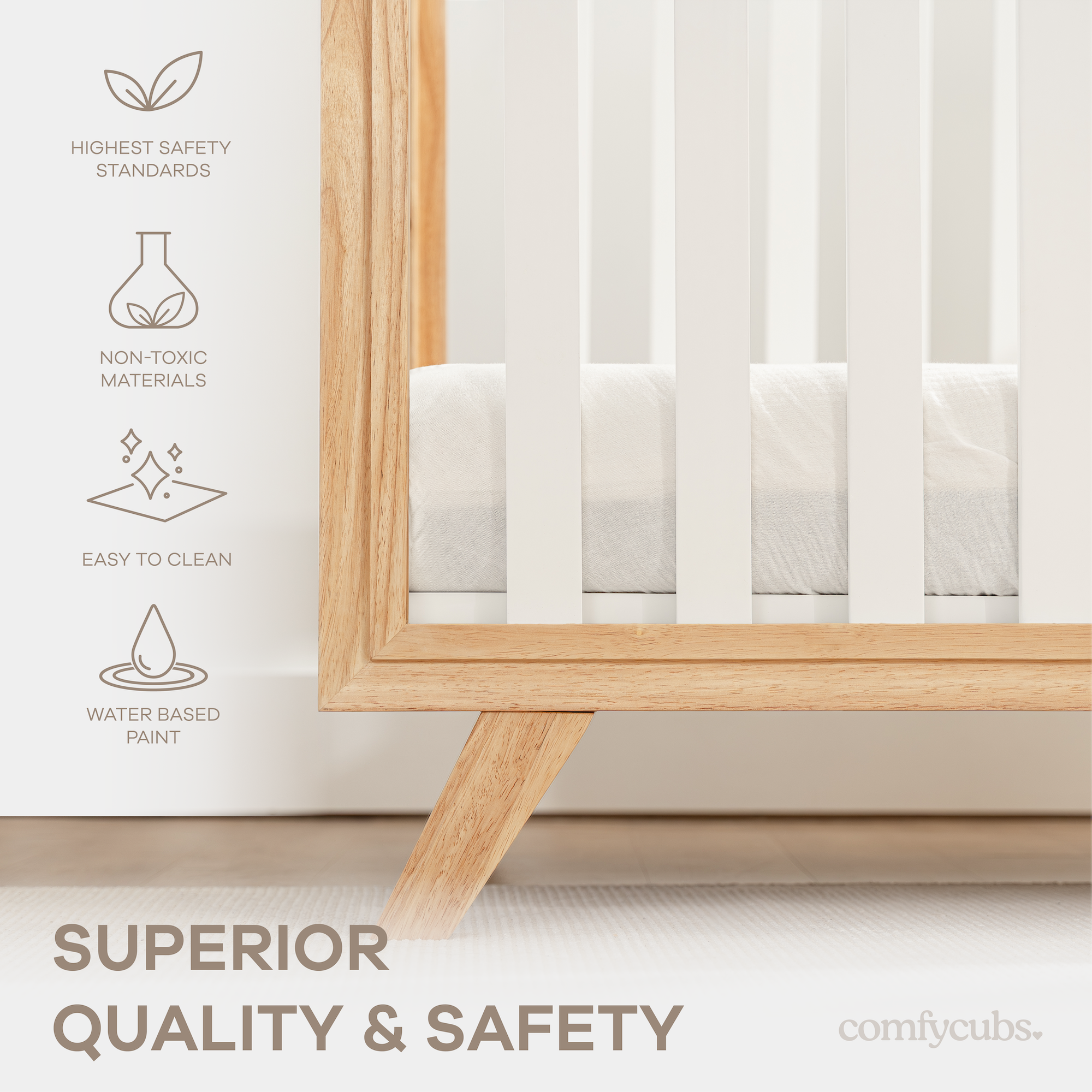 Baby Crib for 0 to 3 Years - White Bars and Natural Wood Frame and Legs