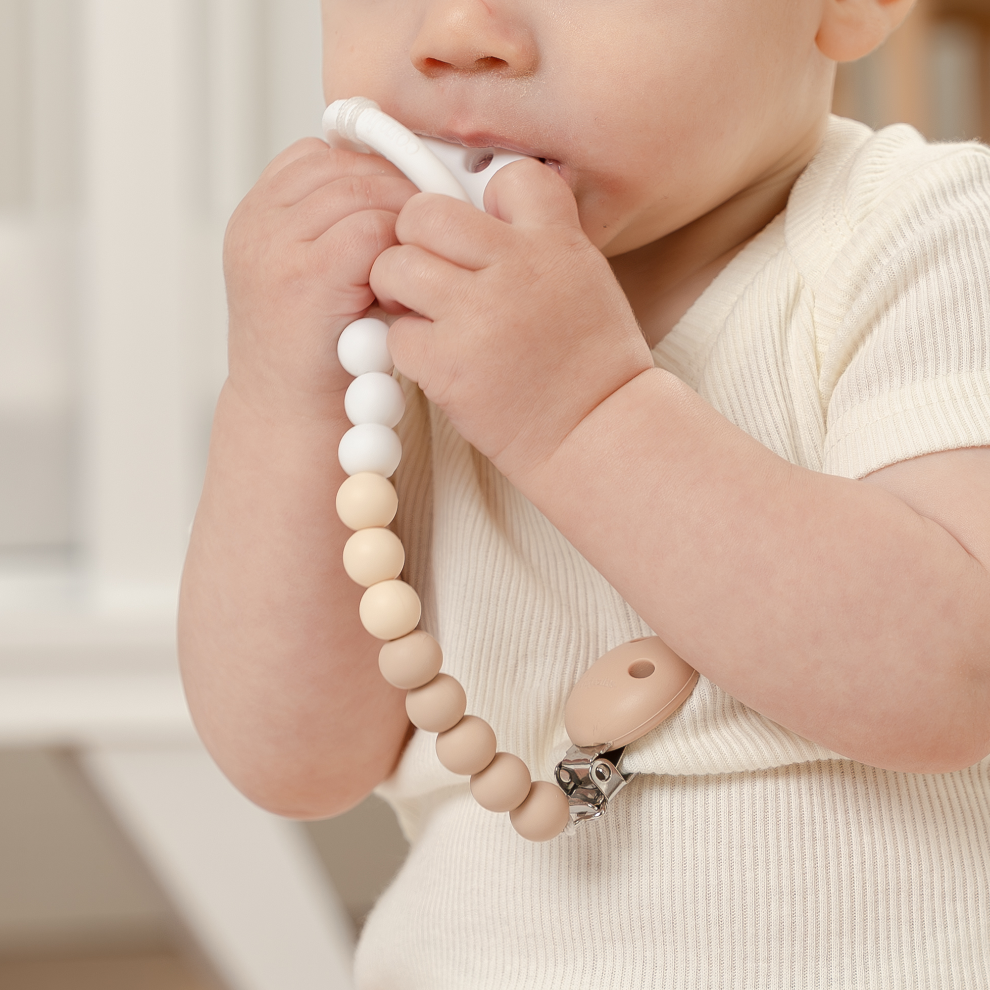 Pacifier Clips in Beige, Light Beige, & White, 2 Pack