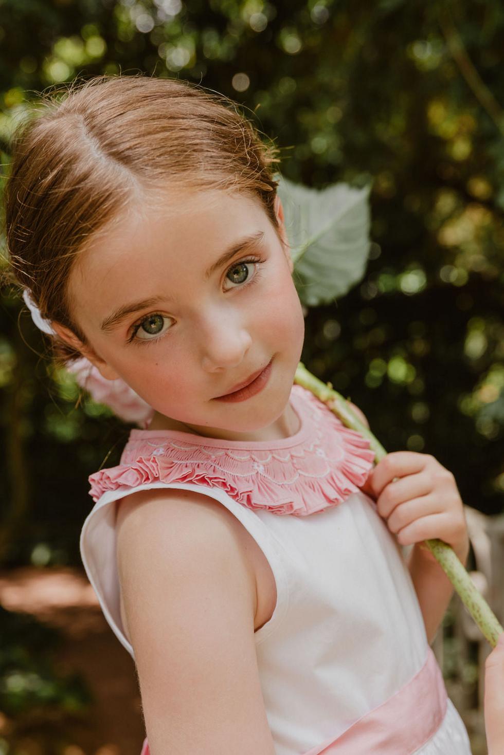 Peony White Smocked Dress With Pink Embroidered Collar