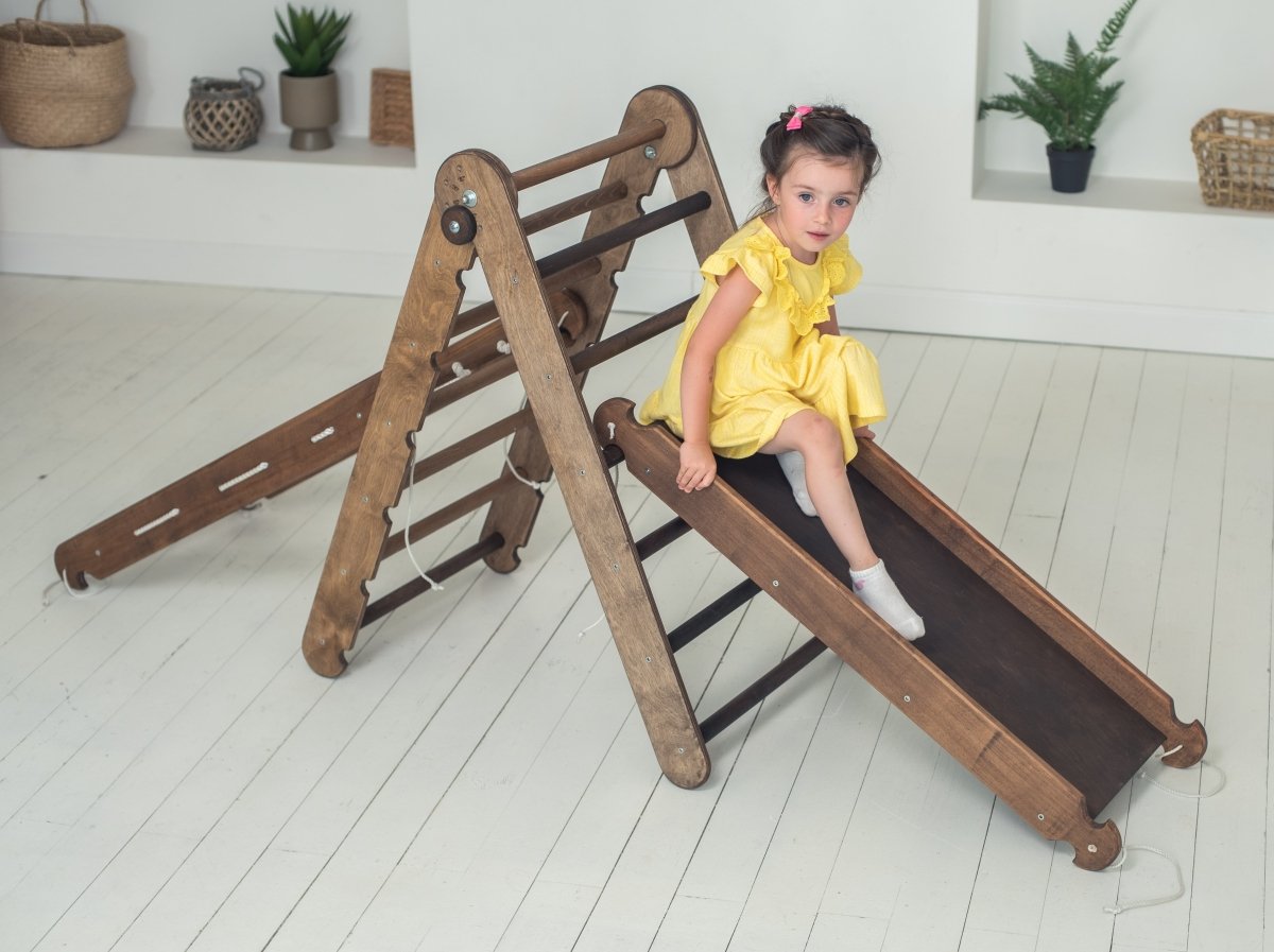 3in1 Montessori Climbing Frame Set: Triangle Ladder + Slide Board/Ramp + Net – Chocolate 3in1 Playsets Goodevas