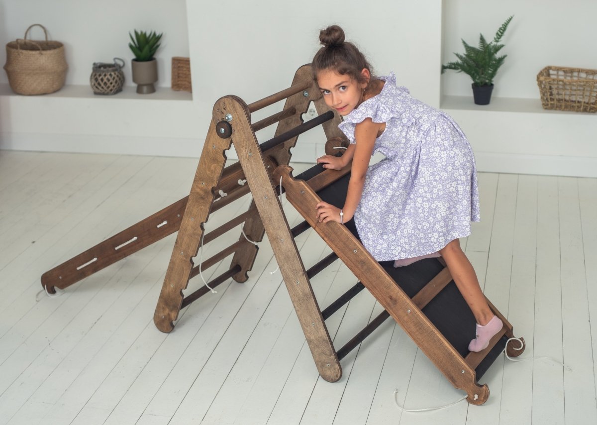 3in1 Montessori Climbing Frame Set: Triangle Ladder + Slide Board/Ramp + Net – Chocolate 3in1 Playsets Goodevas