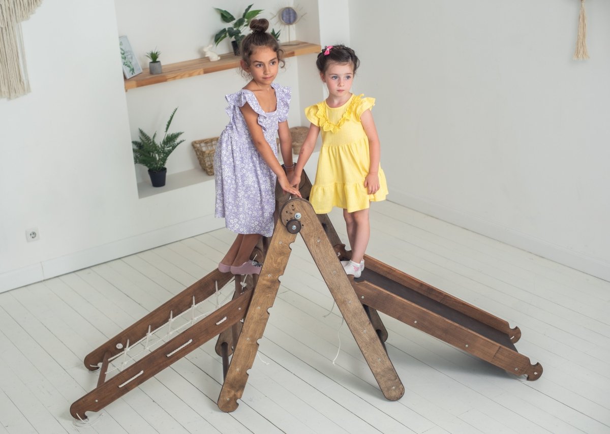 3in1 Montessori Climbing Frame Set: Triangle Ladder + Slide Board/Ramp + Net – Chocolate 3in1 Playsets Goodevas