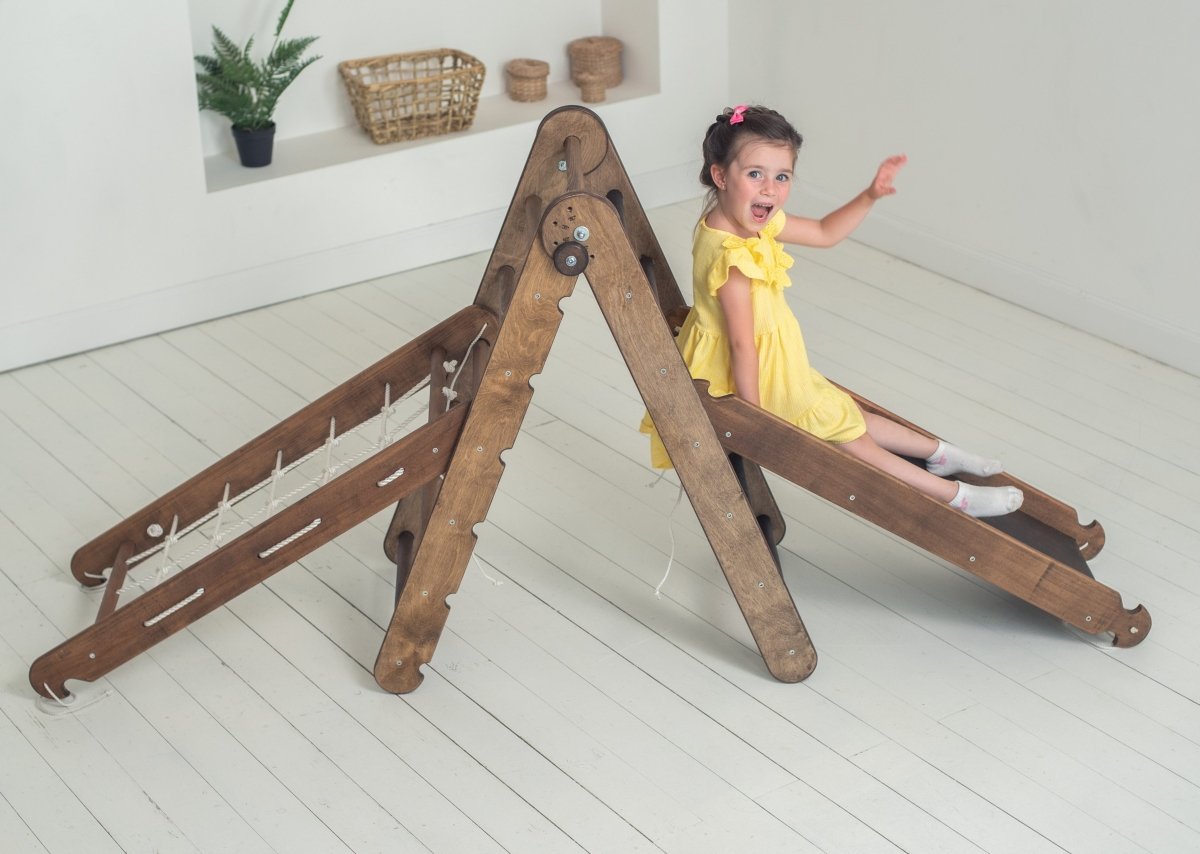 3in1 Montessori Climbing Frame Set: Triangle Ladder + Slide Board/Ramp + Net – Chocolate 3in1 Playsets Goodevas