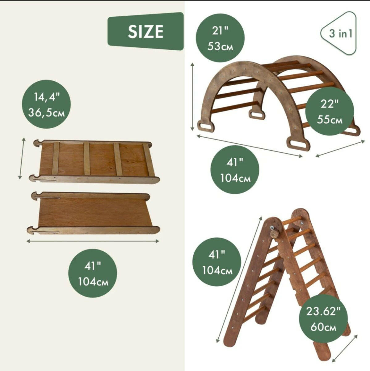 3in1 Montessori Climbing Set: Triangle Ladder + Arch/Rocker Balance + Slide Board – Chocolate 3in1 Playsets Goodevas