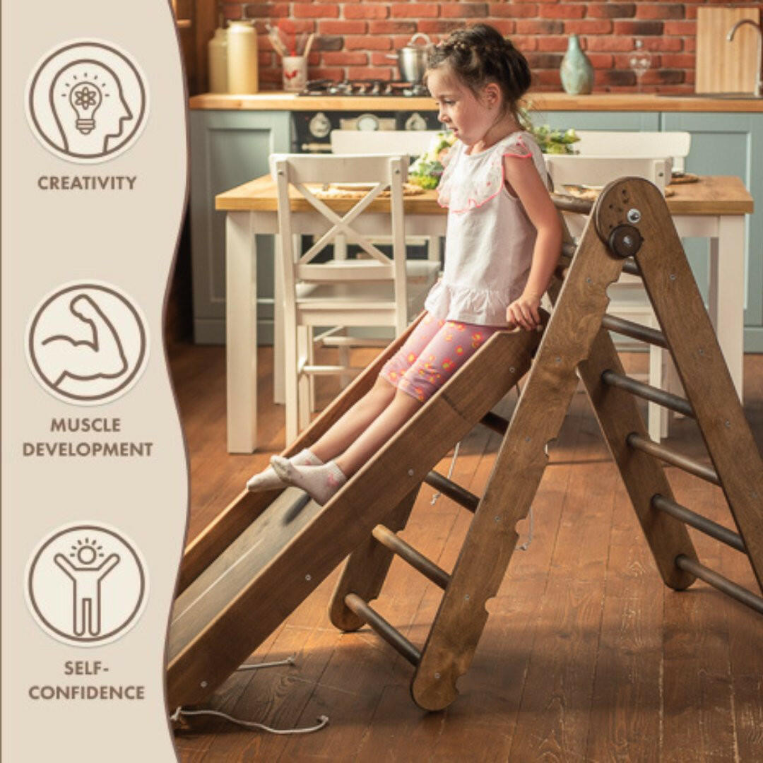 3in1 Montessori Climbing Set: Triangle Ladder + Arch/Rocker Balance + Slide Board – Chocolate 3in1 Playsets Goodevas