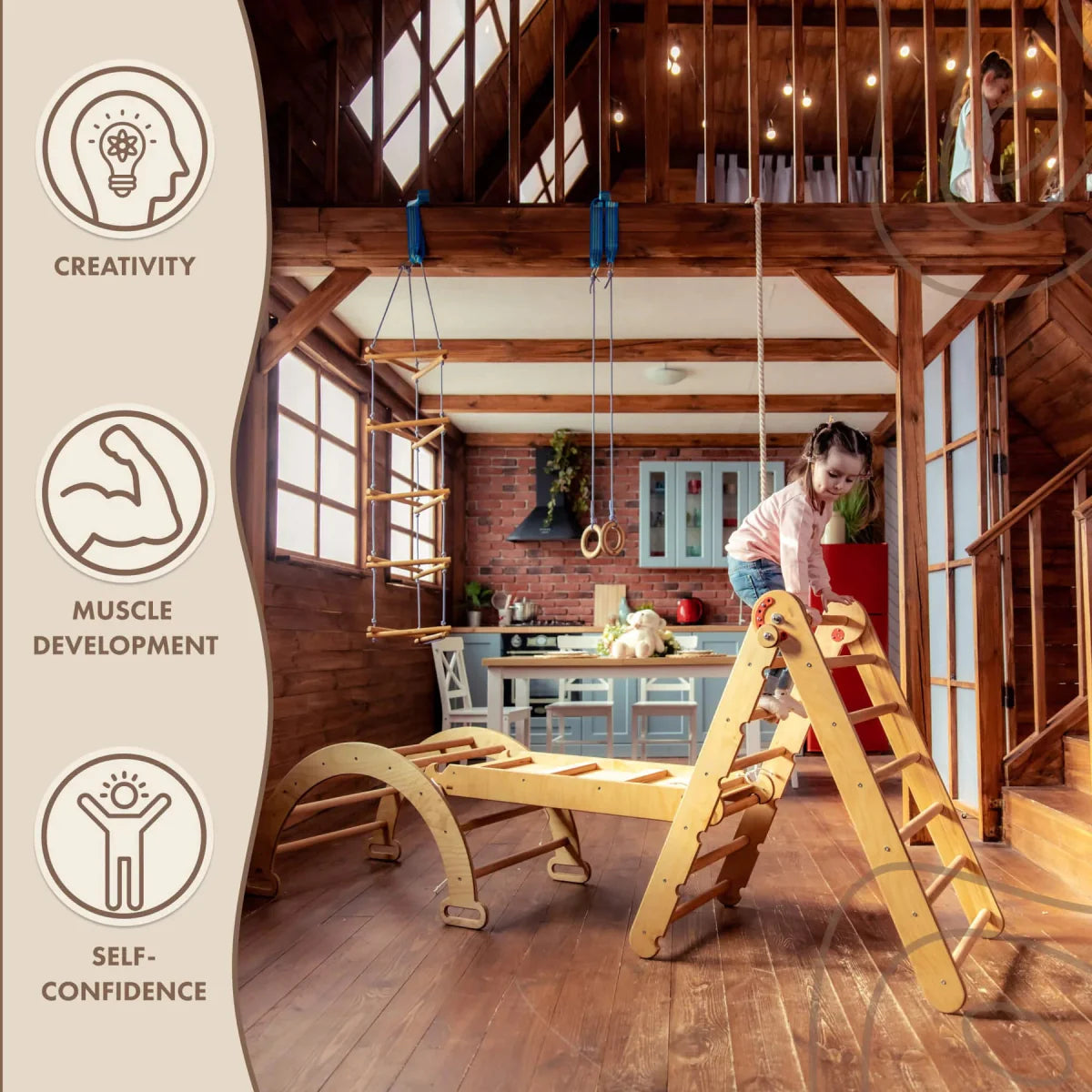 3in1 Montessori Climbing Set: Triangle Ladder + Wooden Arch + Slide Board – Beige 3in1 Playsets Goodevas