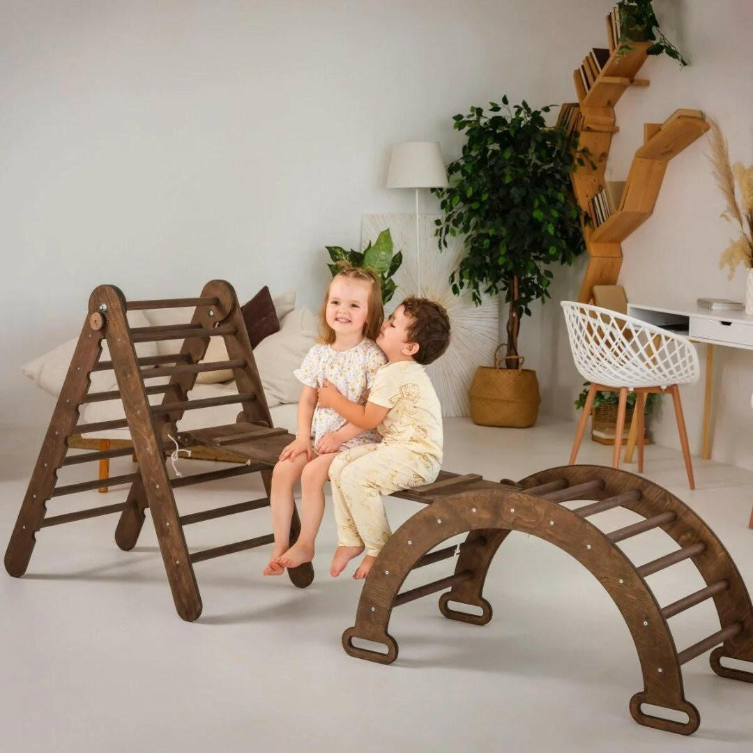 3in1 Montessori Climbing Set: Triangle Ladder + Wooden Arch + Slide Board – Chocolate NEW 3in1 Playsets Goodevas
