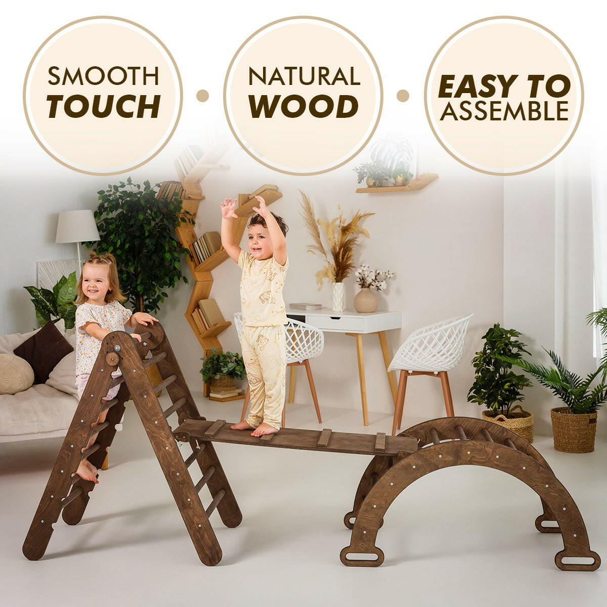 3in1 Montessori Climbing Set: Triangle Ladder + Wooden Arch + Slide Board – Chocolate NEW 3in1 Playsets Goodevas