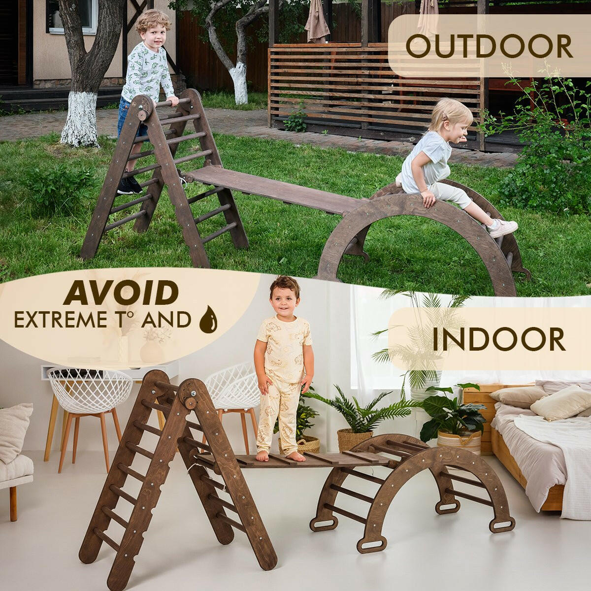 3in1 Montessori Climbing Set: Triangle Ladder + Wooden Arch + Slide Board – Chocolate NEW 3in1 Playsets Goodevas