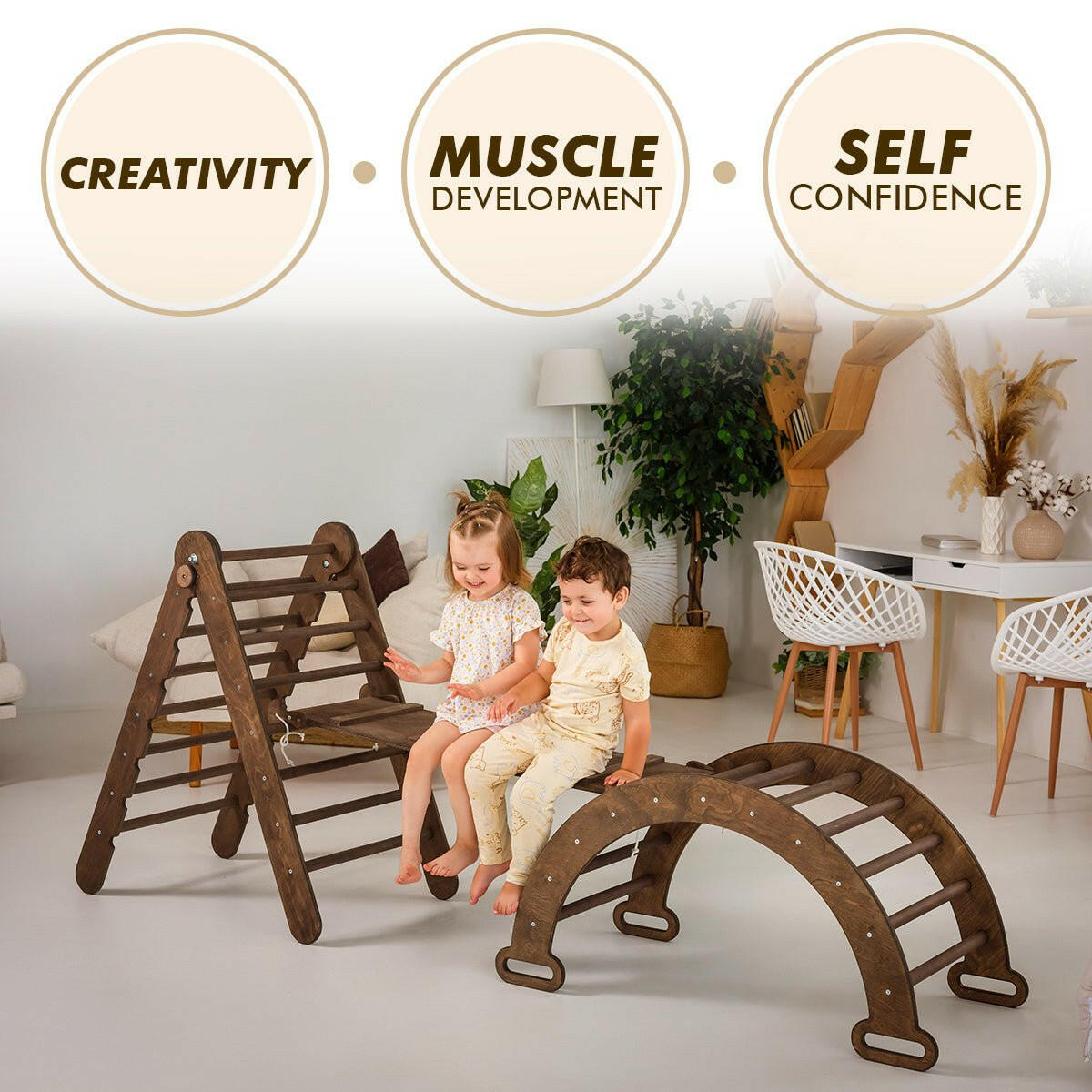 3in1 Montessori Climbing Set: Triangle Ladder + Wooden Arch + Slide Board – Chocolate NEW 3in1 Playsets Goodevas