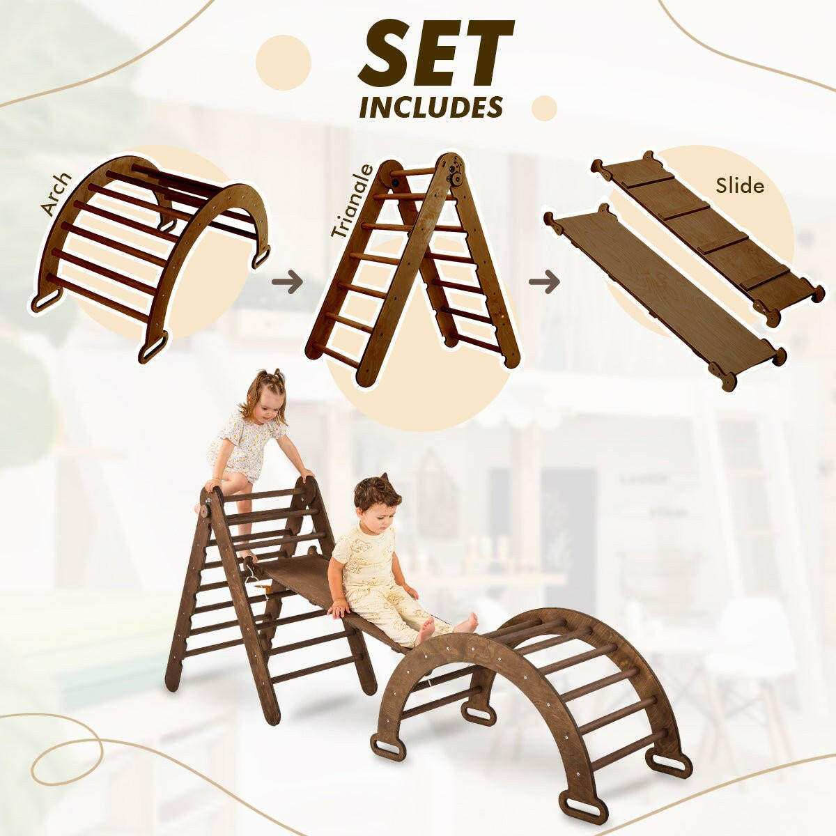 3in1 Montessori Climbing Set: Triangle Ladder + Wooden Arch + Slide Board – Chocolate NEW 3in1 Playsets Goodevas