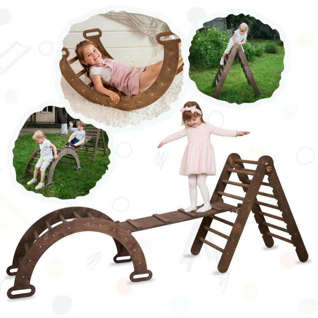 3in1 Montessori Climbing Set: Triangle Ladder + Wooden Arch + Slide Board – Chocolate NEW 3in1 Playsets Goodevas
