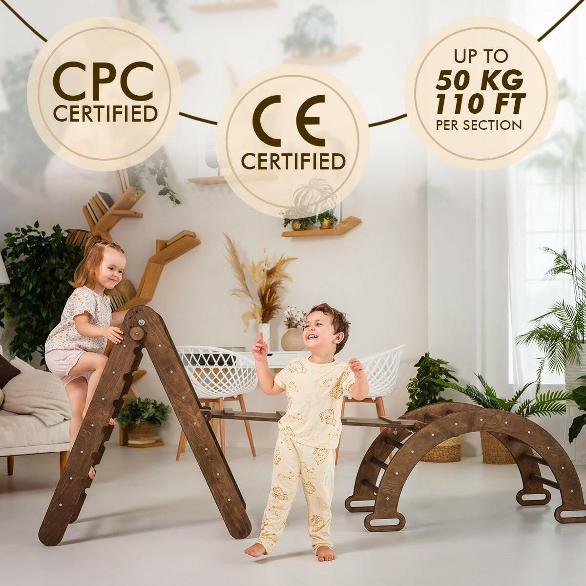3in1 Montessori Climbing Set: Triangle Ladder + Wooden Arch + Slide Board – Chocolate NEW 3in1 Playsets Goodevas