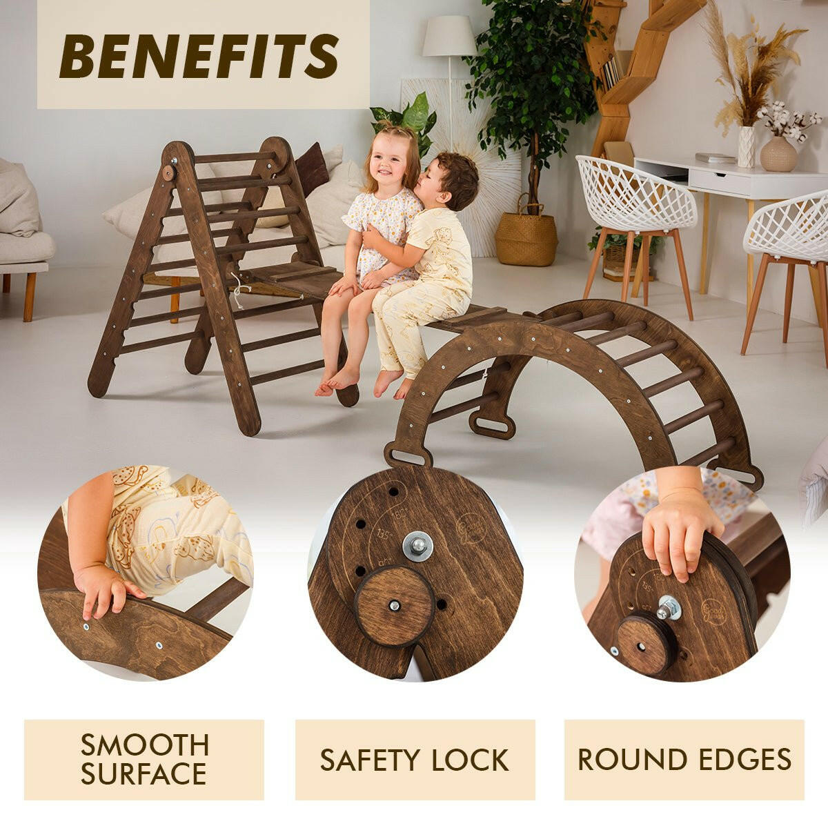 3in1 Montessori Climbing Set: Triangle Ladder + Wooden Arch + Slide Board – Chocolate NEW 3in1 Playsets Goodevas