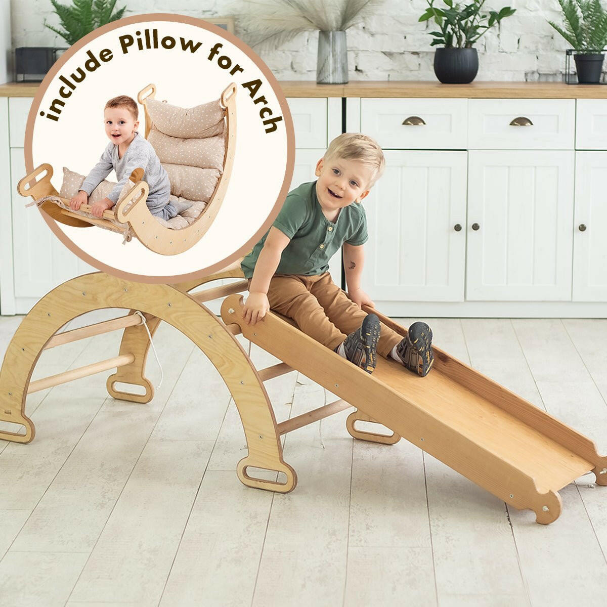 3in1 Montessori Play Set for Toddlers: Arch + Slide + Cushion - Beige Goodevas