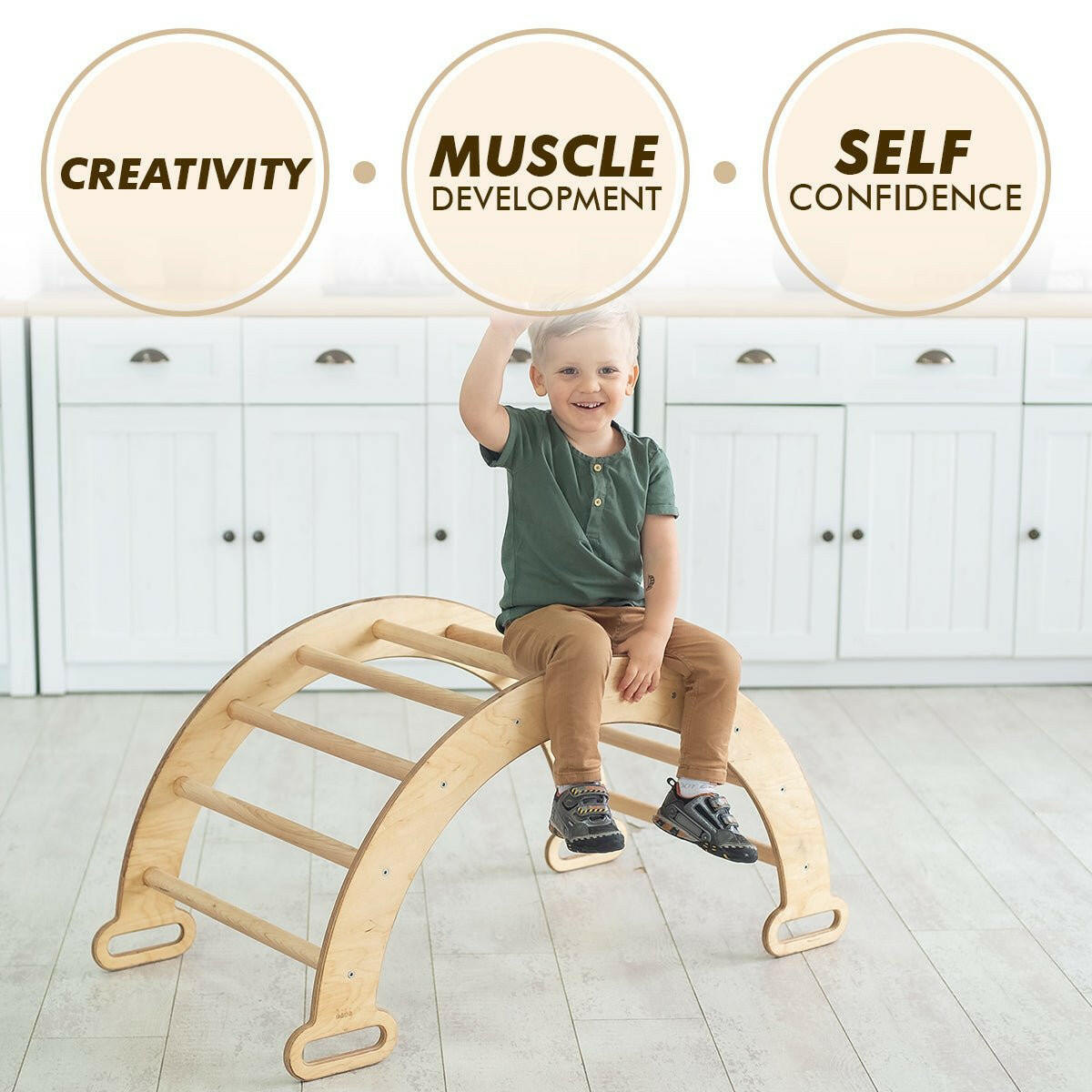 3in1 Montessori Play Set for Toddlers: Arch + Slide + Cushion - Beige Goodevas