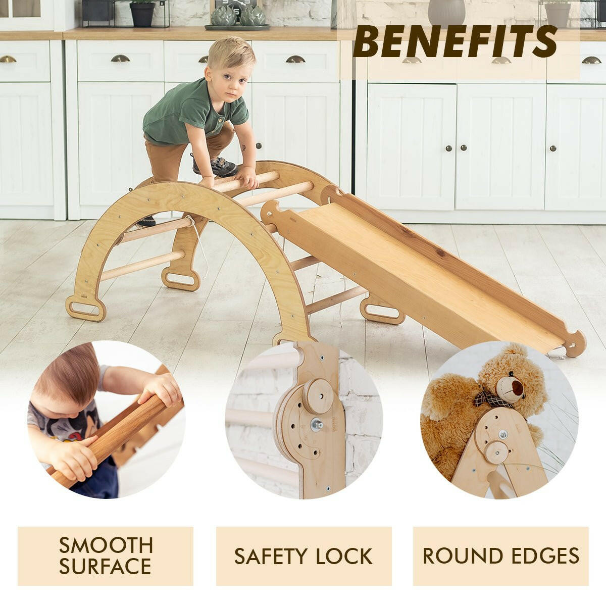 3in1 Montessori Play Set for Toddlers: Arch + Slide + Cushion - Beige Goodevas