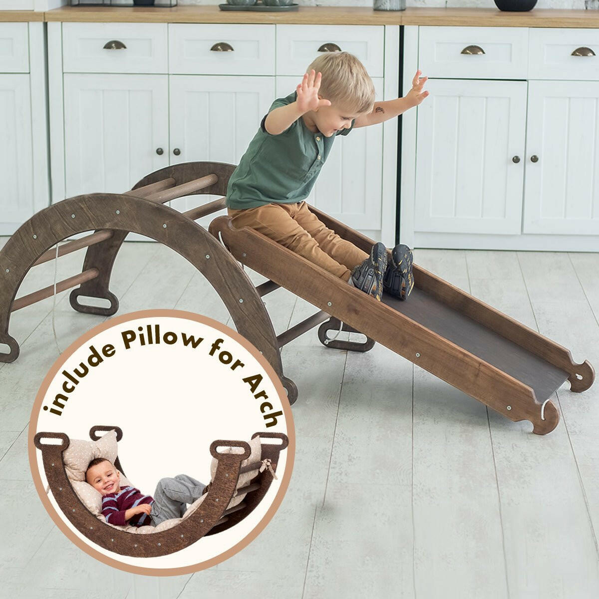 3in1 Montessori Play Set for Toddlers: Arch + Slide + Cushion - Beige Goodevas