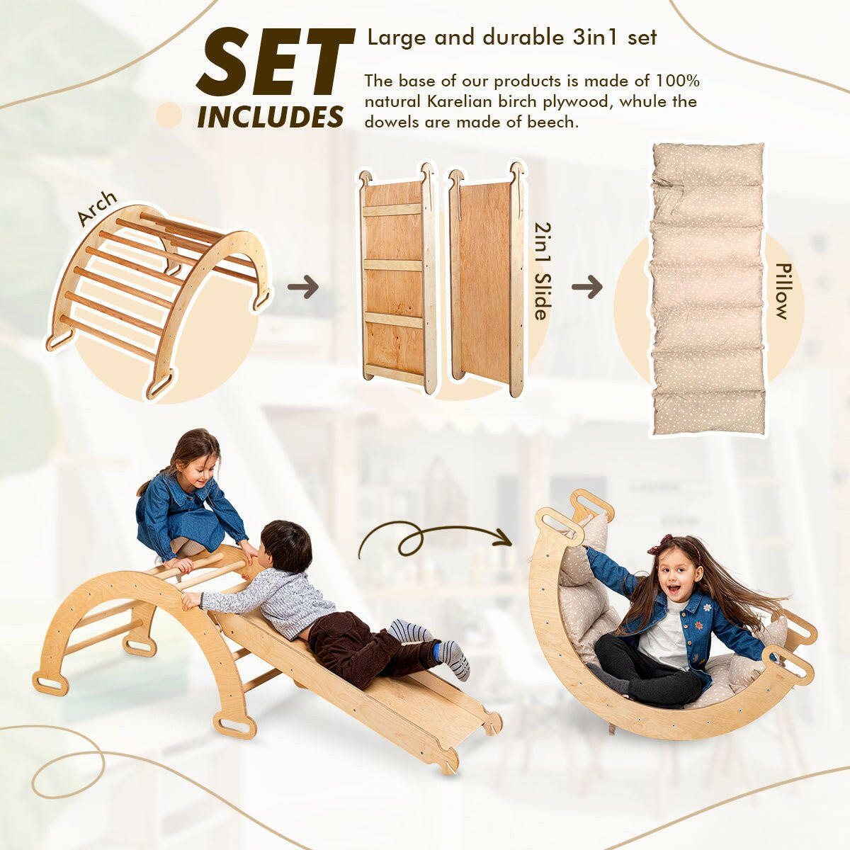 3in1 Montessori Play Set for Toddlers: Arch + Slide + Cushion - Beige Goodevas