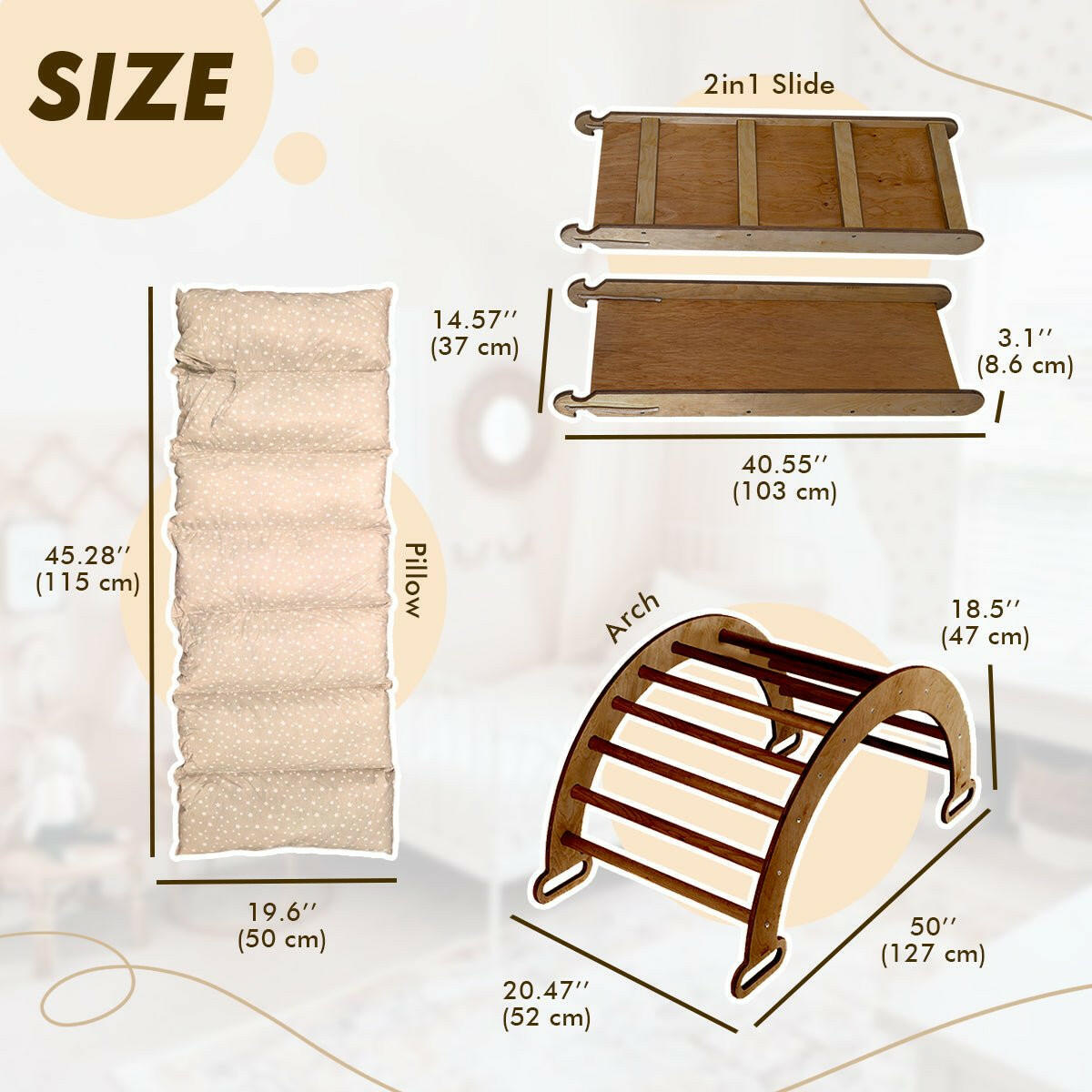 3in1 Montessori PlaySet for Toddlers: Arch + Slide + Cushion - Chocolate Goodevas