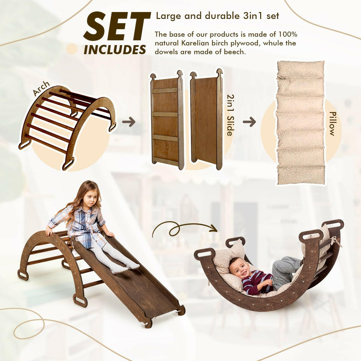 3in1 Montessori PlaySet for Toddlers: Arch + Slide + Cushion - Chocolate Goodevas