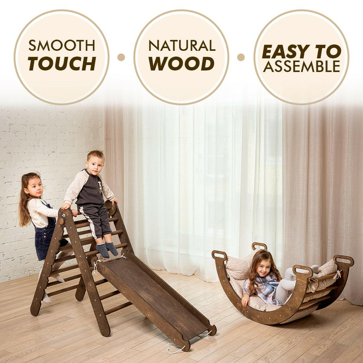 3in1 Montessori PlaySet for Toddlers: Arch + Slide + Cushion - Chocolate Goodevas