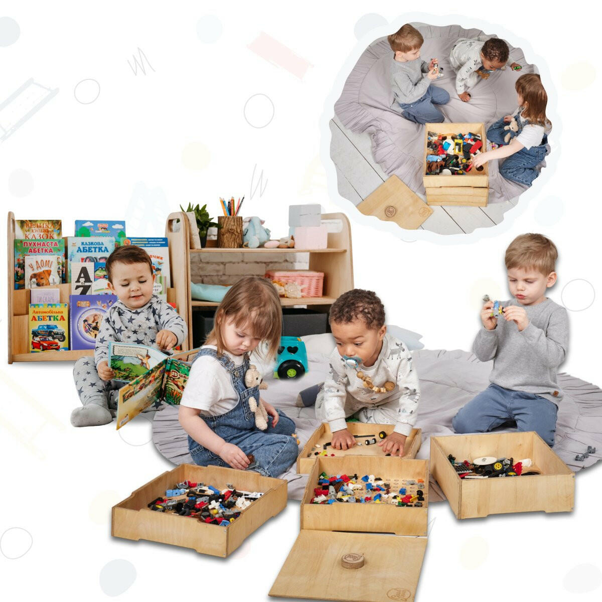 3in1 Montessori Shelves Set: Bookshelf + Toy Shelf + Lego sorter Shelves Goodevas