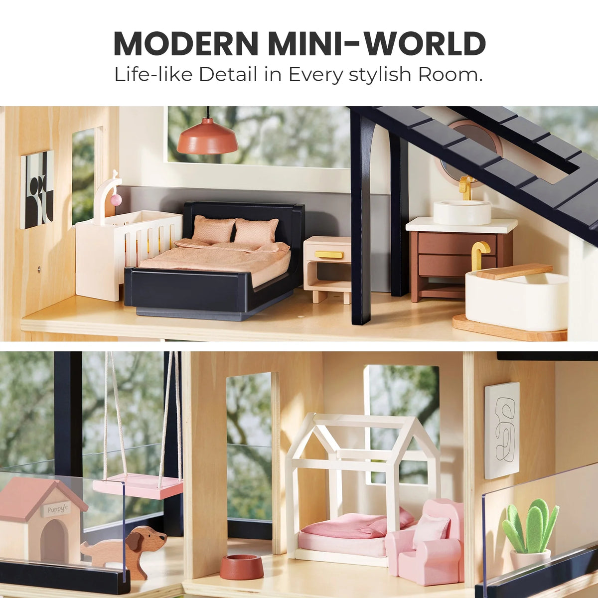 Sweet Family Gift Set: Black Dollhouse & Dollhouse Garage & Extra Dolls Set