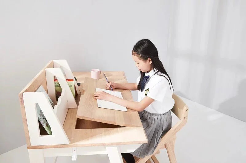 Calla Adjustable Solid Wood Growth Desk with Easel - Rubberwood Construction - Natural Color - Storage Drawers MesaSilla USA