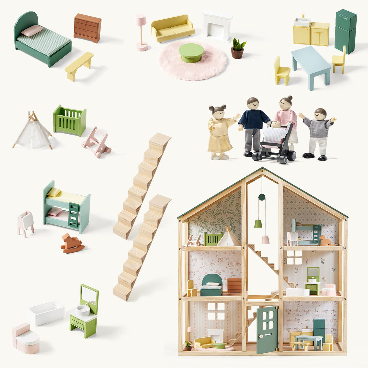 Tiny Land® Sweetwood Evergreen Dollhouse & Wooden Dollhouse Dolls