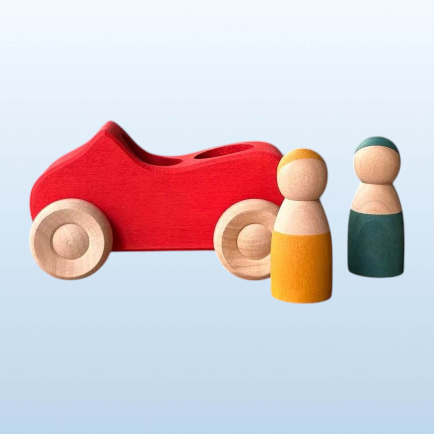 **Pre-order (Ships in 2-3 Weeks)**7-Piece Wooden Rainbow Cars Set with 3 Peg Dolls | Stained Basswood or Painted Beechwood