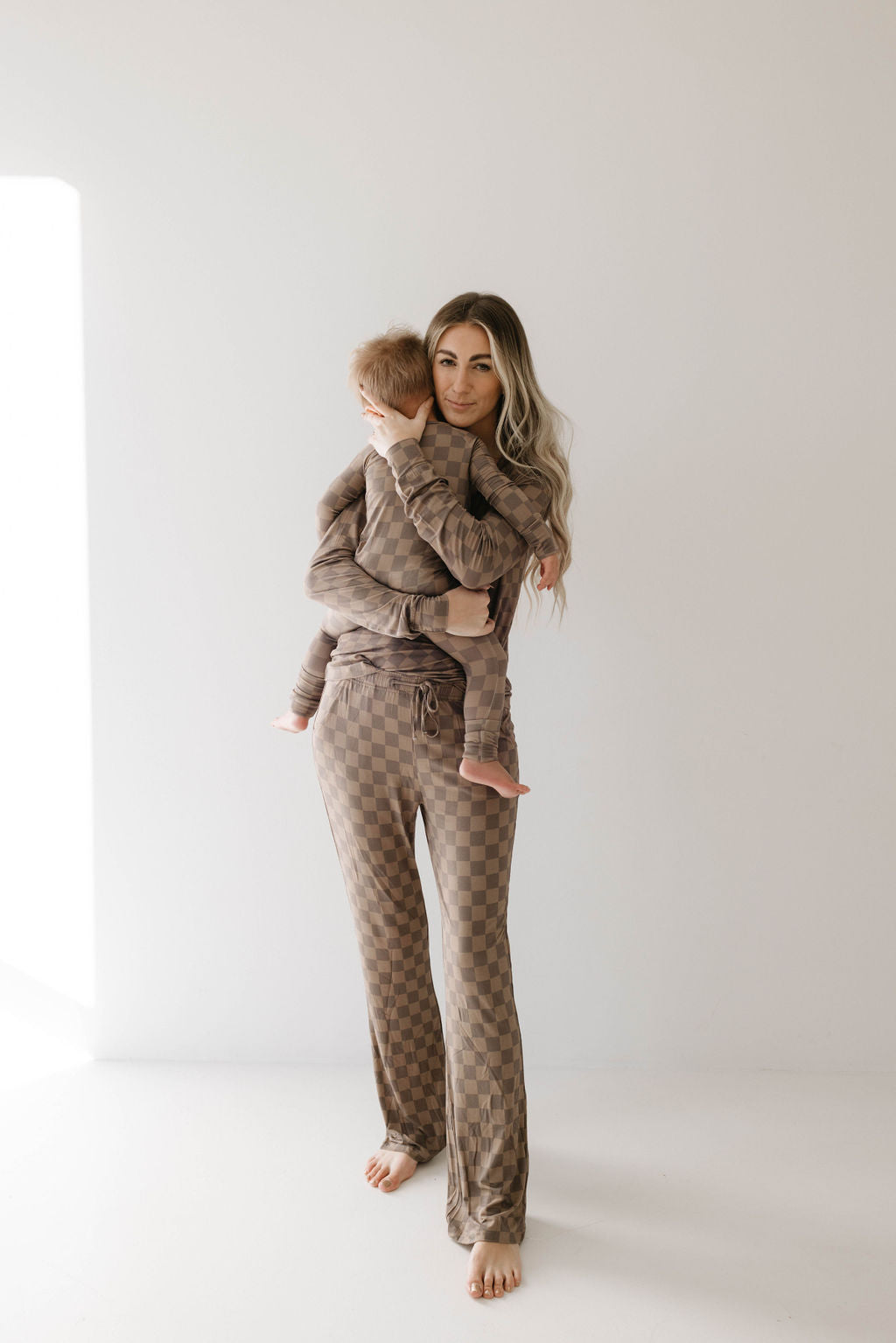 Women's Long Sleeve Bamboo Pajama | Faded Brown Checkerboard