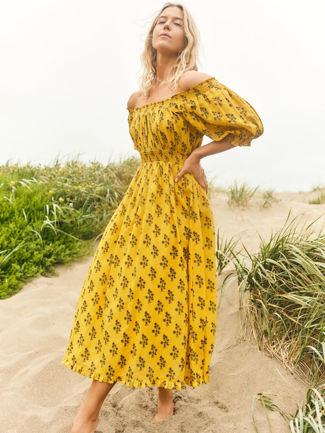 Rosie Midi Dress - Mellow Yellow Flower Power