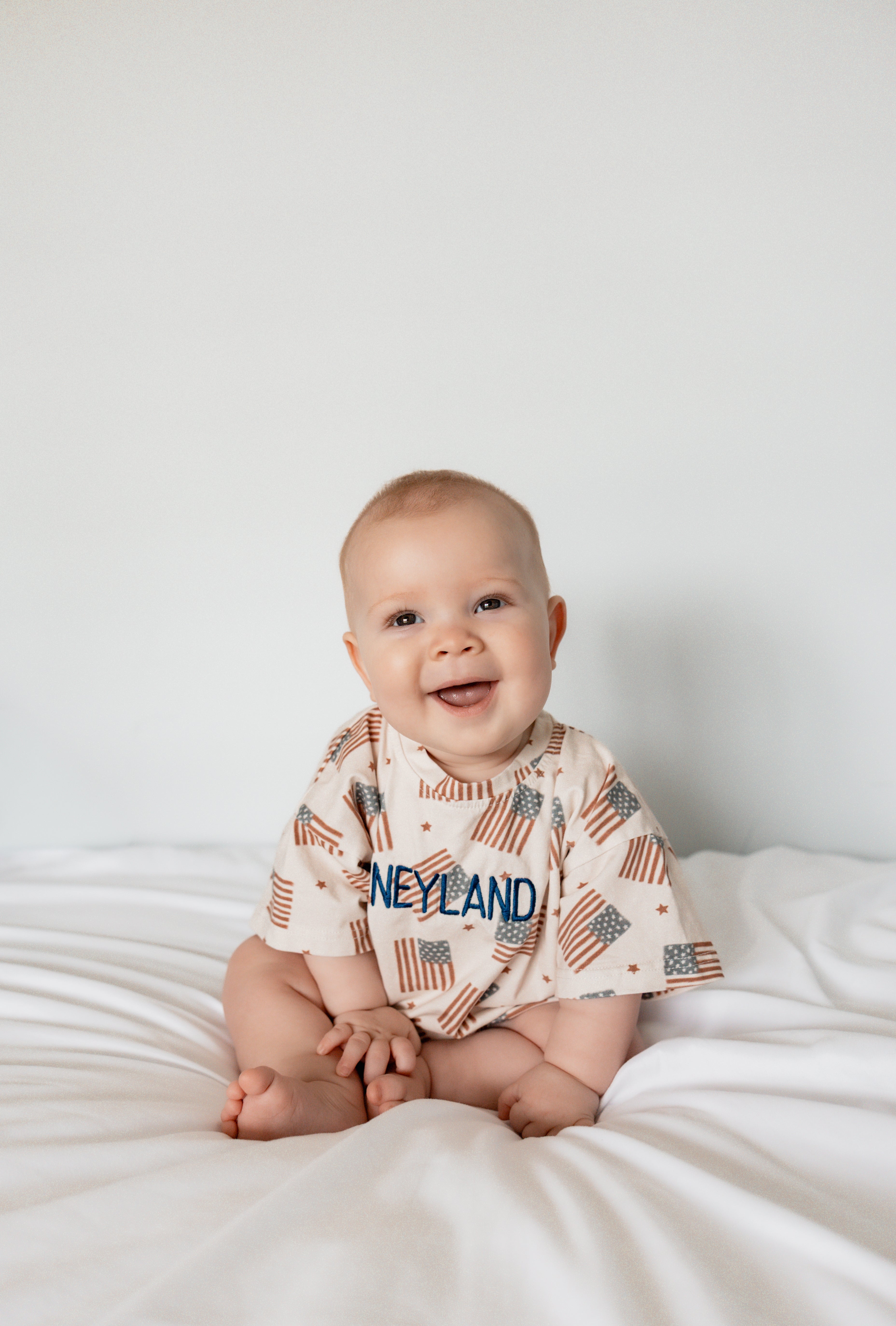 4th of July Flag Print T-Shirt Romper - optional custom embroidery