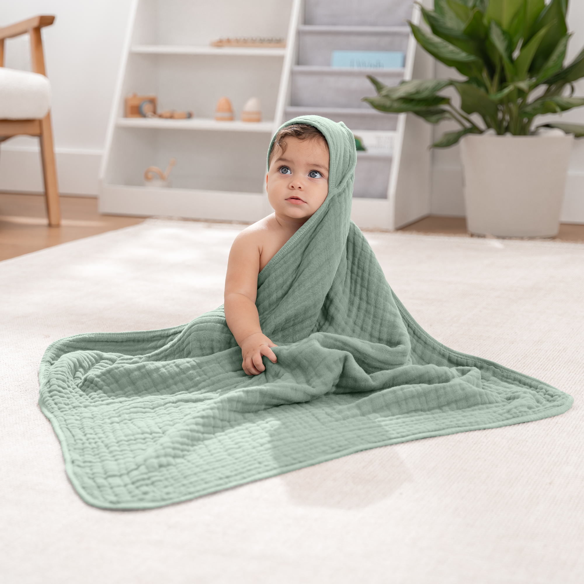 Baby Hooded Towels in Pacific Blue & Fern
